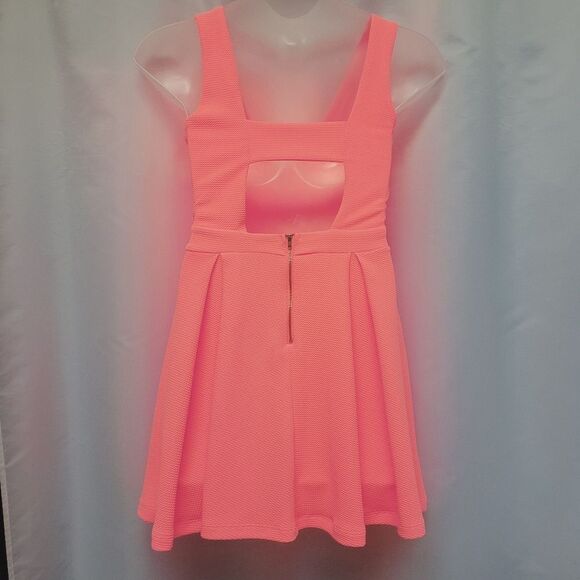 Charlotte Russe Mini Dress Skater Pleated Bright Coral Tank Open Back Small - Picture 2 of 8